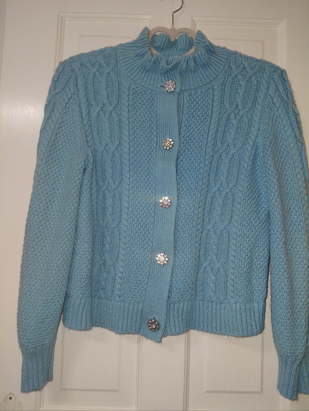 Talbots Ruffle Mockneck Cable Knit Cardigan Sweater with Decorative Buttons